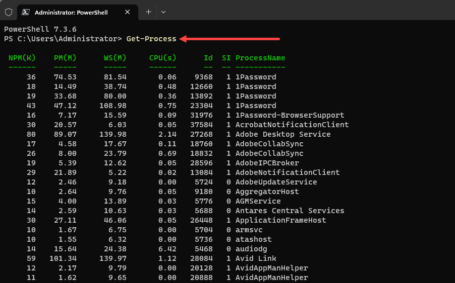 Running the get process cmdlet