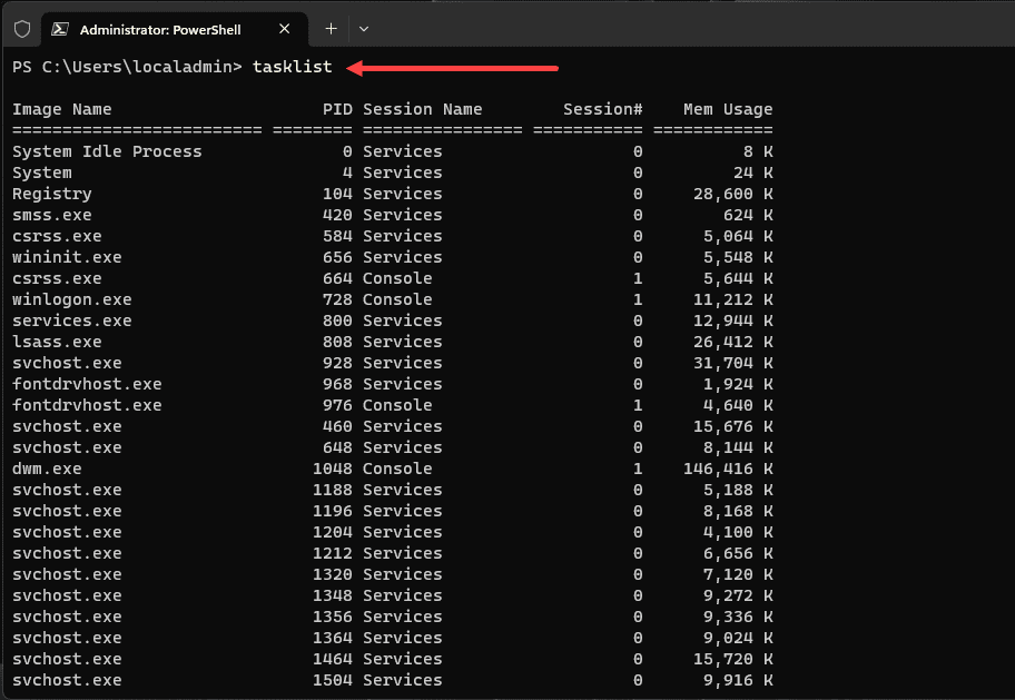 Running the tasklist command