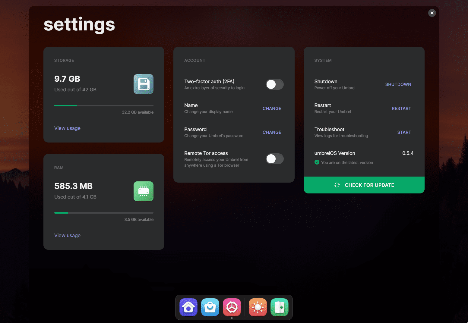 Umbrel os settings