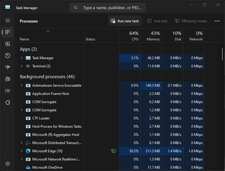 Using the windows task manager to view and manage processes