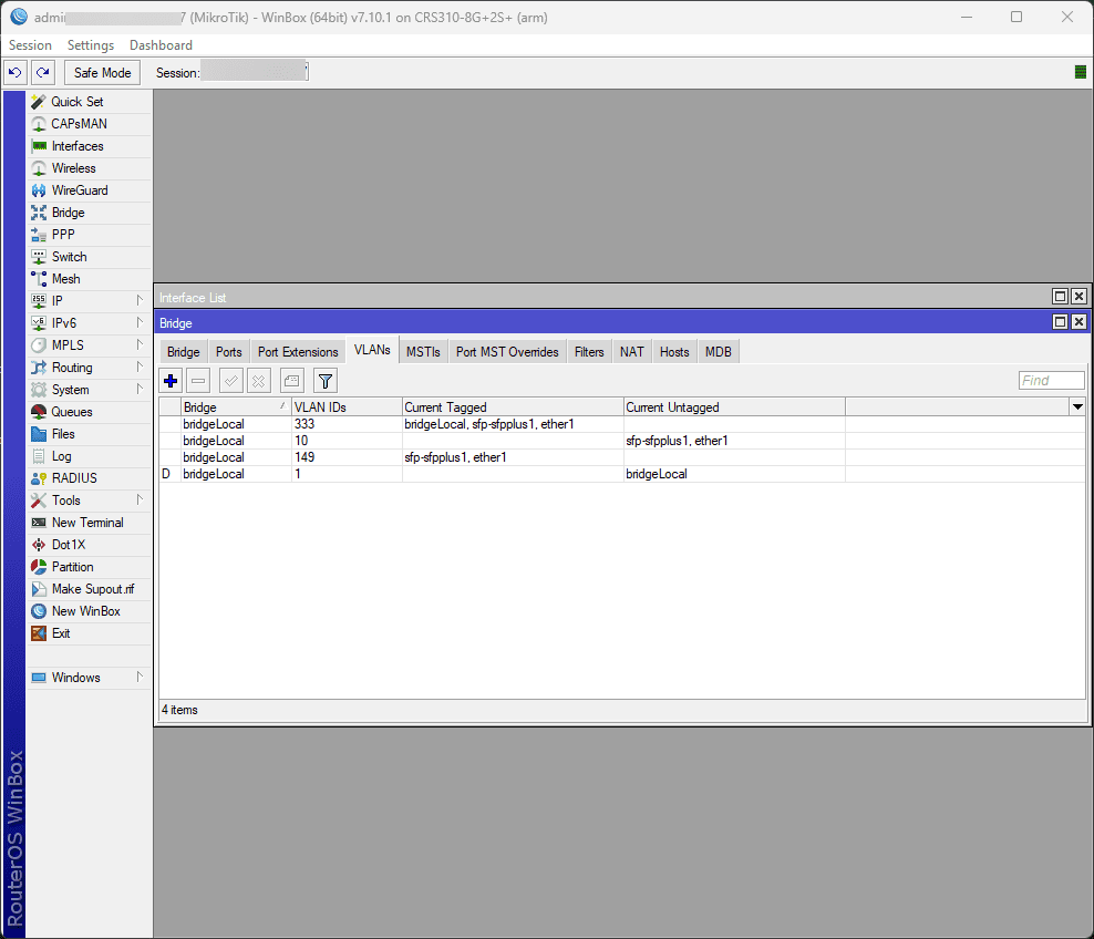 Viewing the bridge setup in winbox for the microtik crs310 8g2sin 1