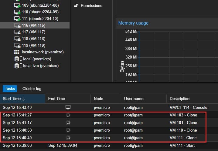 Viewing the cloning processes running in proxmox