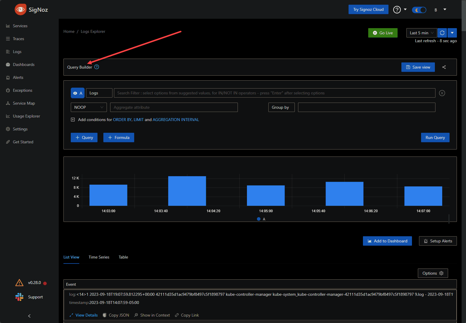 Viewing the logs explorer and query builder