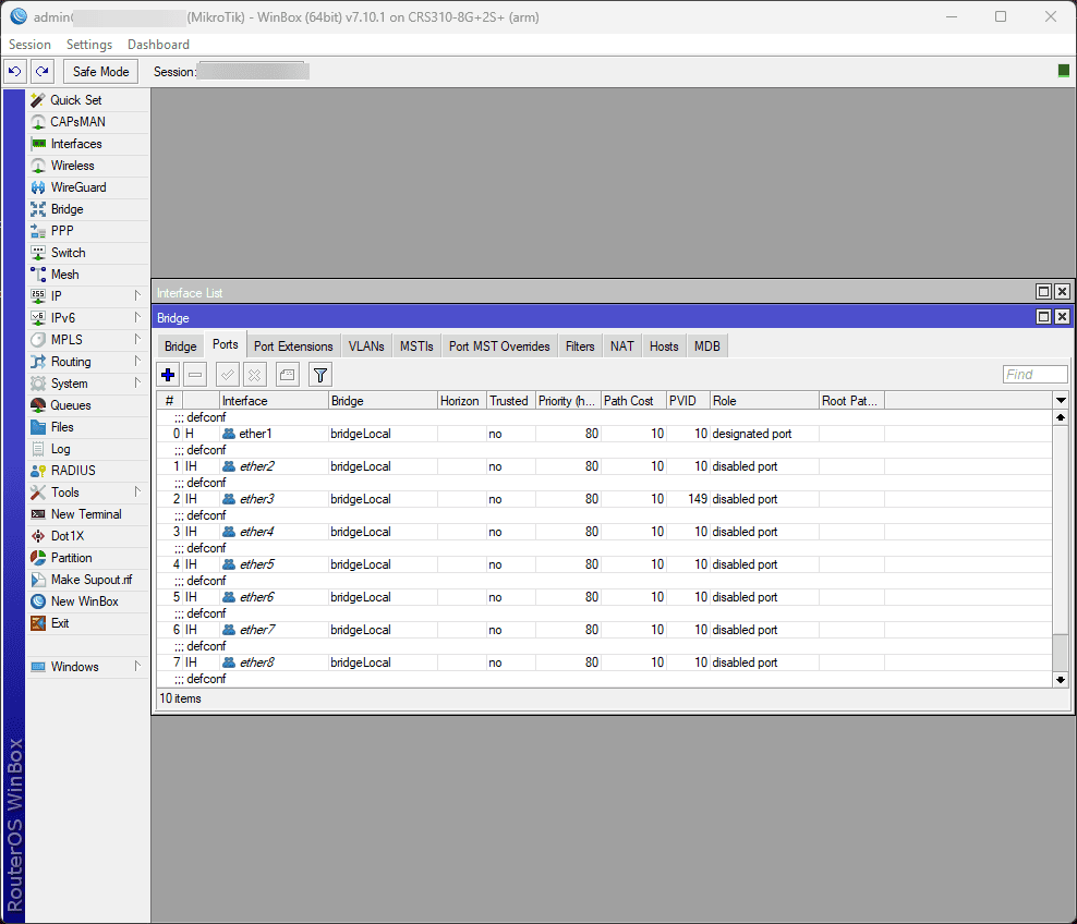 Viewing the ports in winbox 1