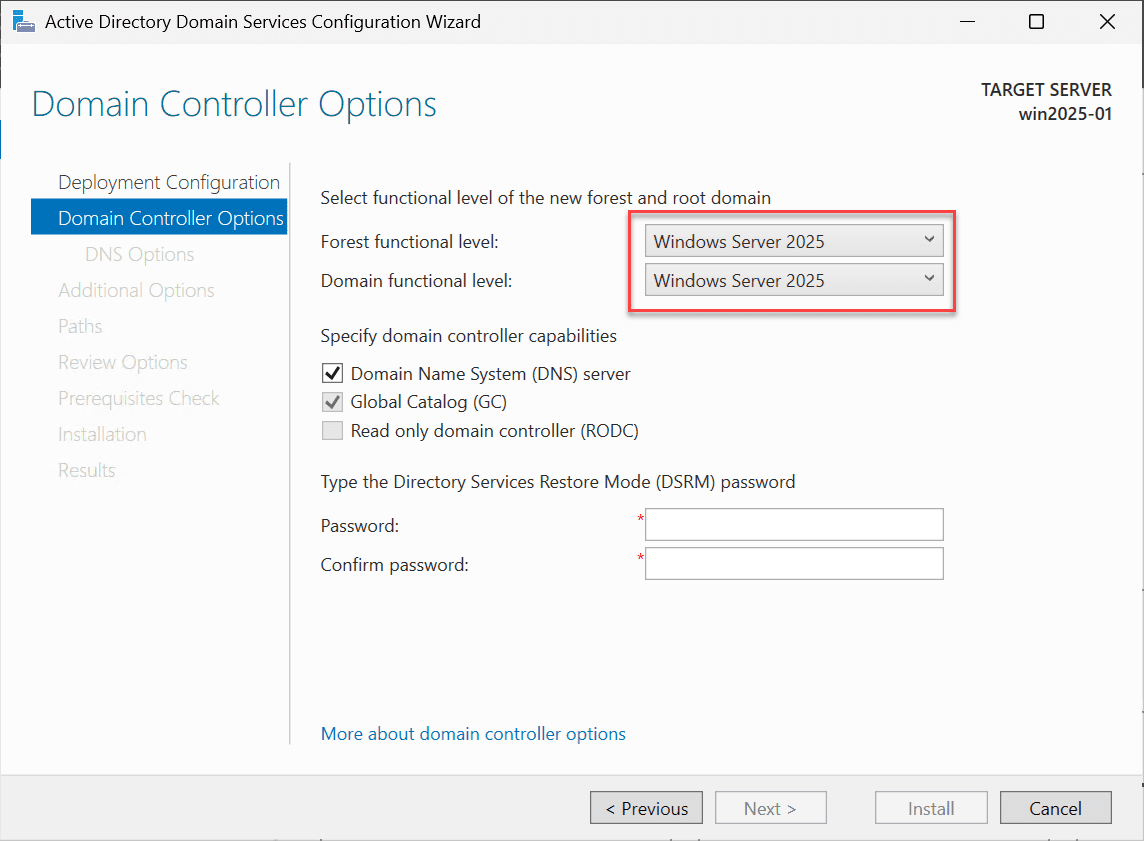 Windows server 2025 forest and domain functional levels