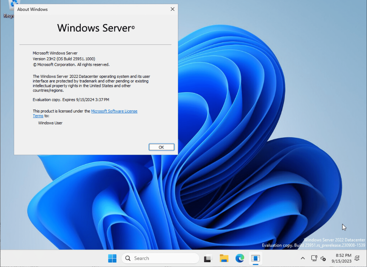 Windows server 2025 fully booted and viewing the windows information using winver