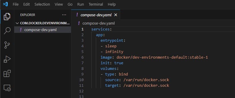Viewing the compose dev.yaml file in vs code