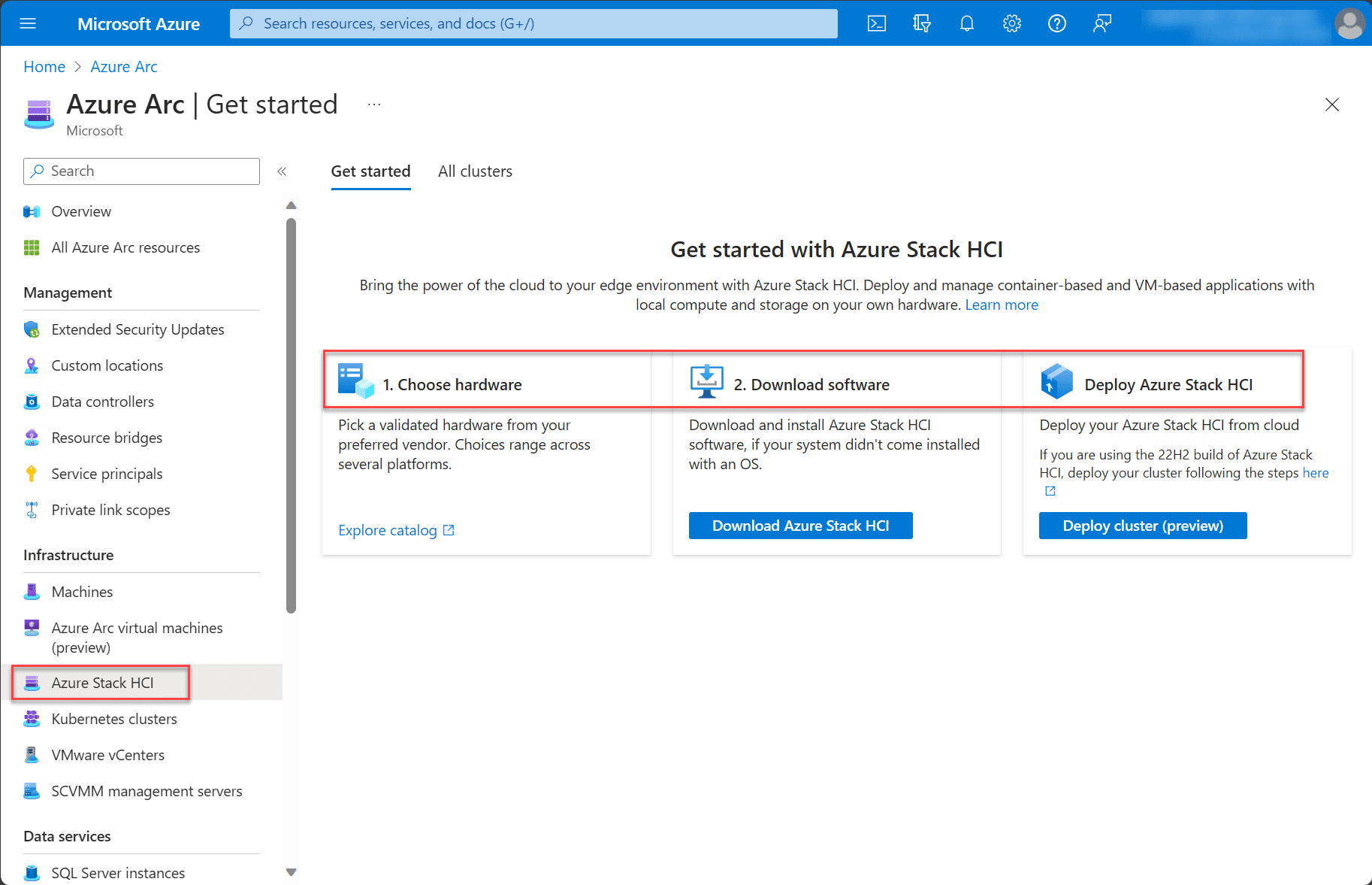 Azure portal with azure stack hci