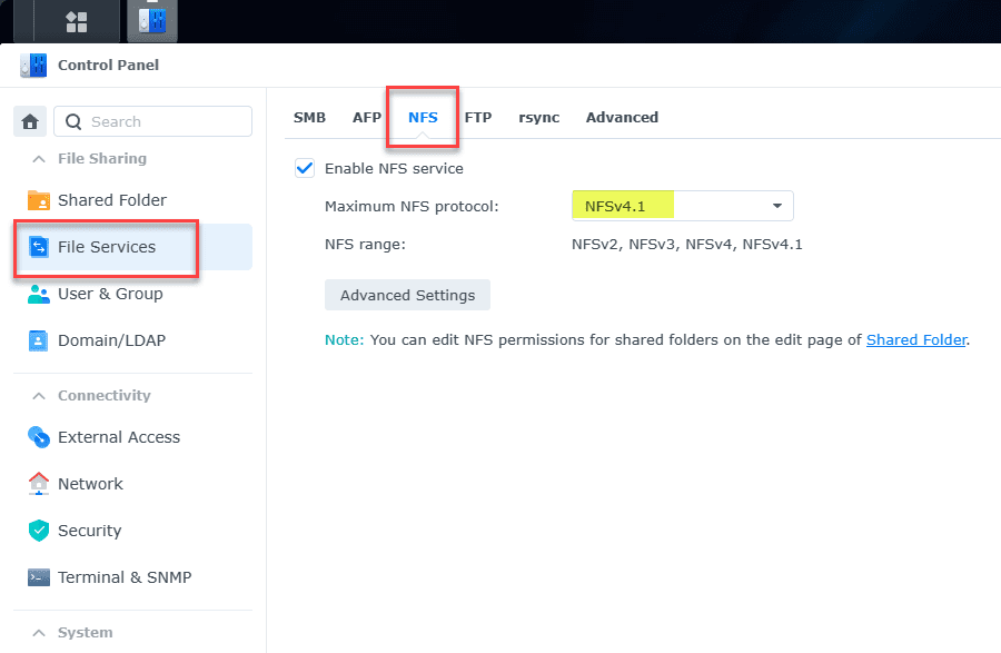 Enable nfs under file services in synology nas