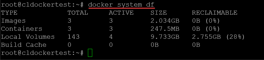Running the docker system df with normal output