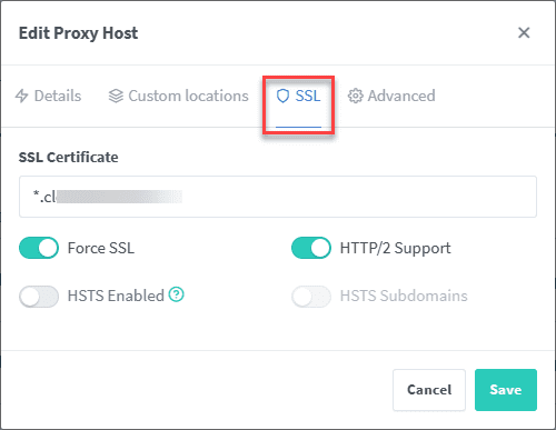Edit the ssl settings of the proxy host