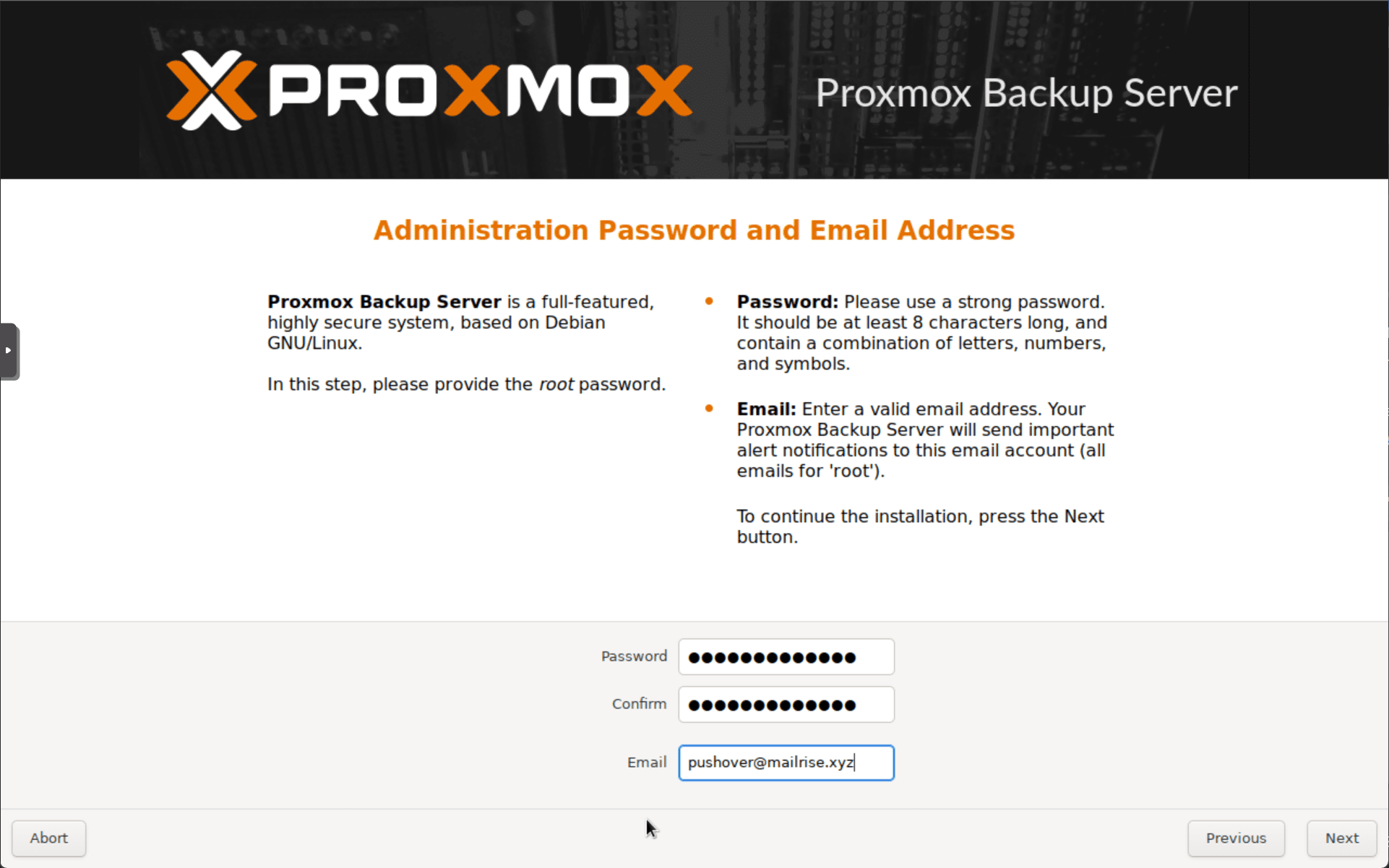 Setting the password and email address