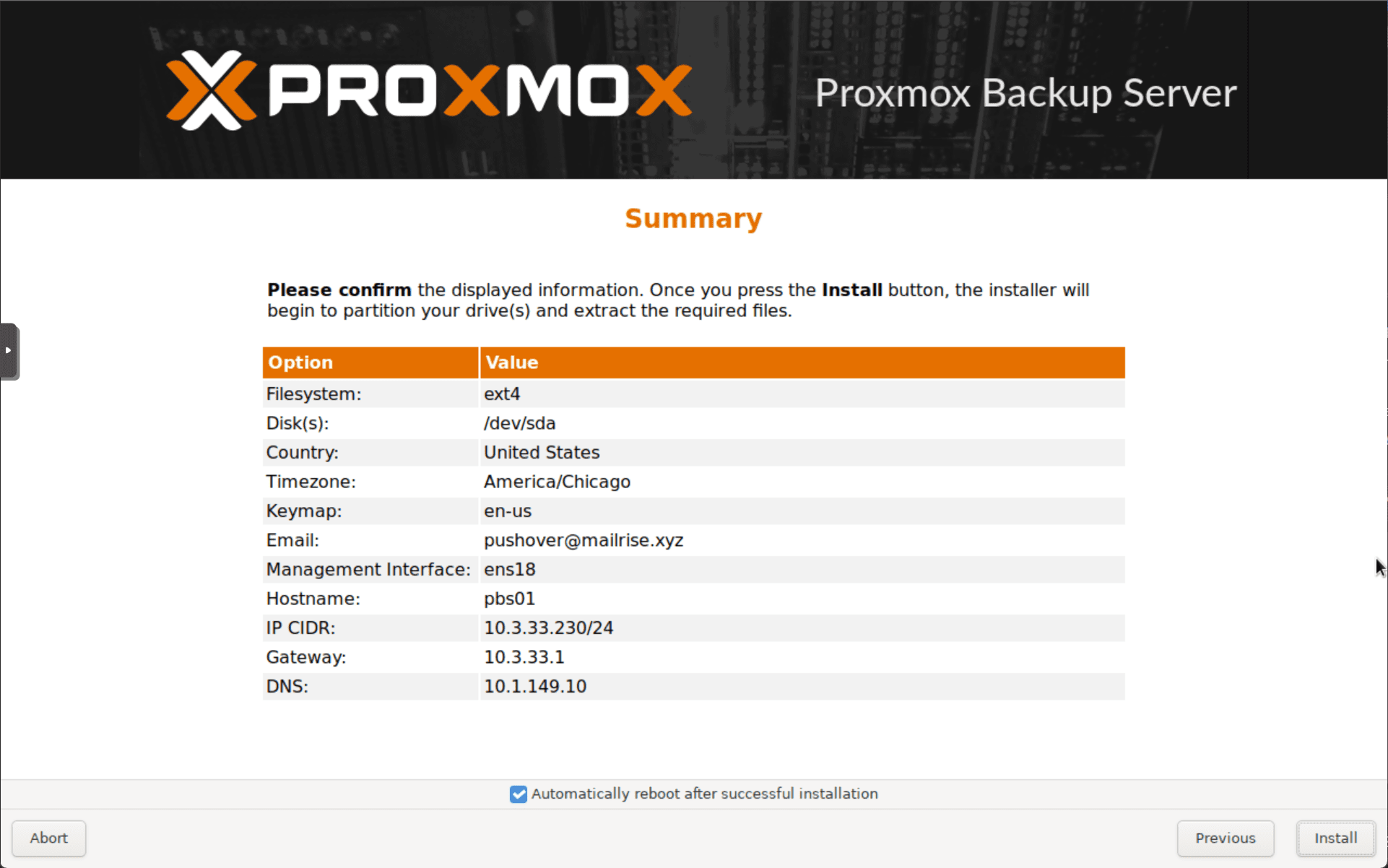 Summary screen for the installation process with proxmox backup server
