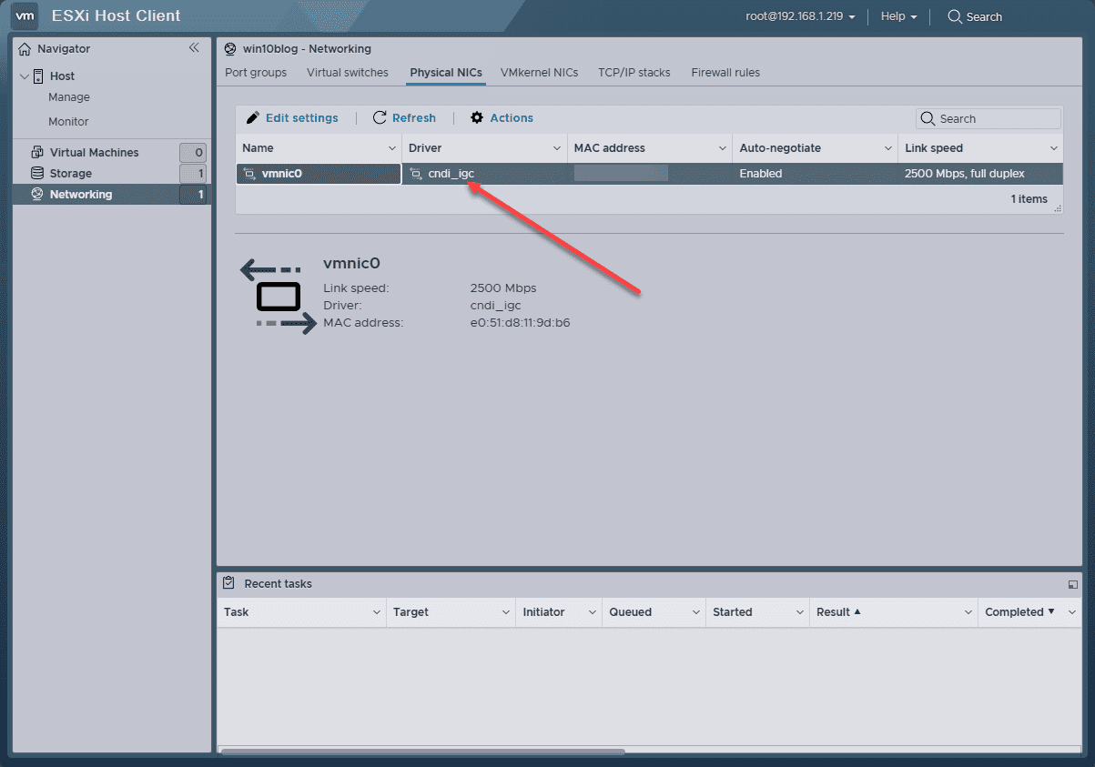Viewing the network adapter in esxi