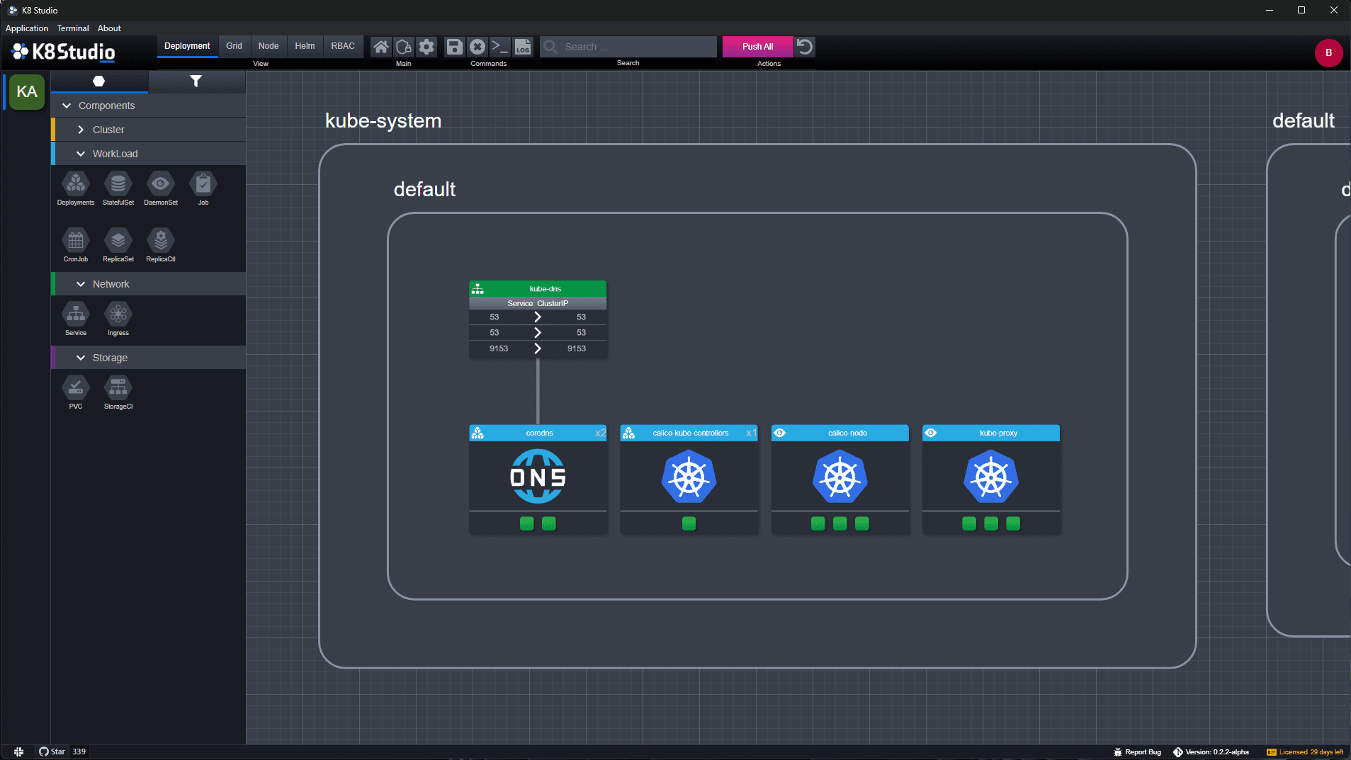A closer look in the deployment view of the kube system
