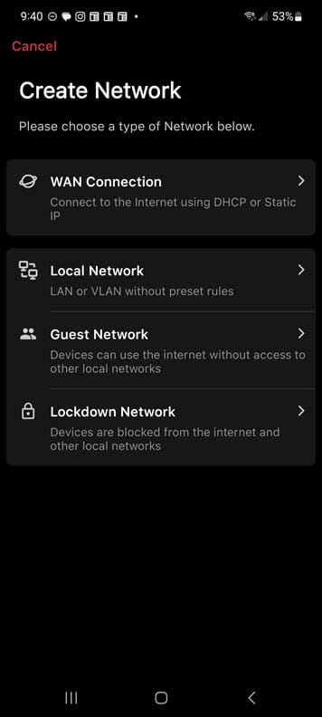 Create a new network screen in the firewalla mobile app