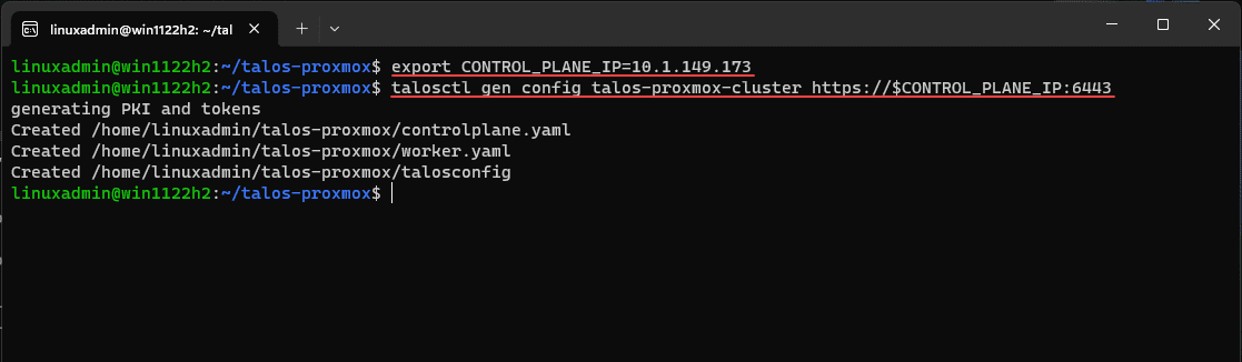 Export the control plane ip address and generate the machine configs