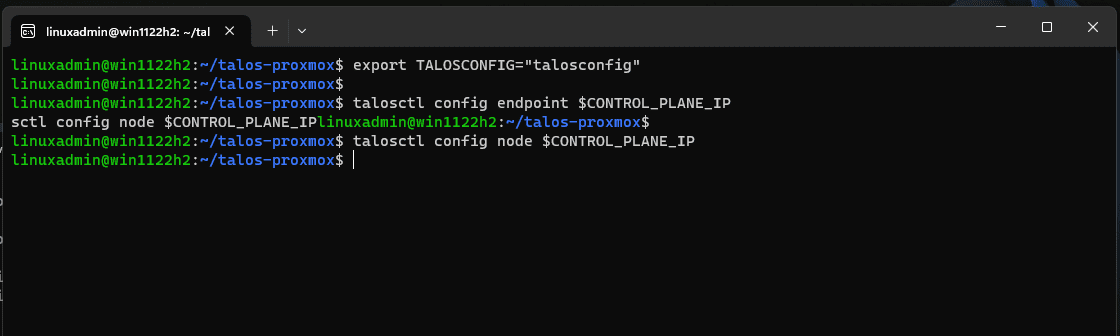 Exporting the talosconfig and control plane address for node and config