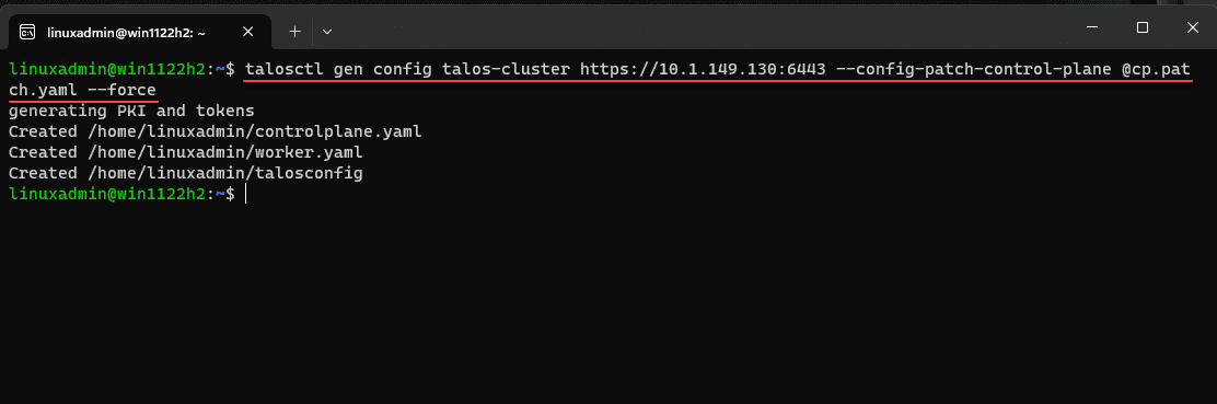 Running the talosctl gen config command to generated the required configuration files for the talos linux kubernetes cluster