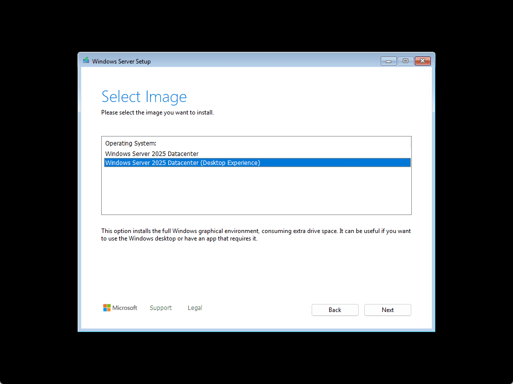Select the installation image for windows server 2025