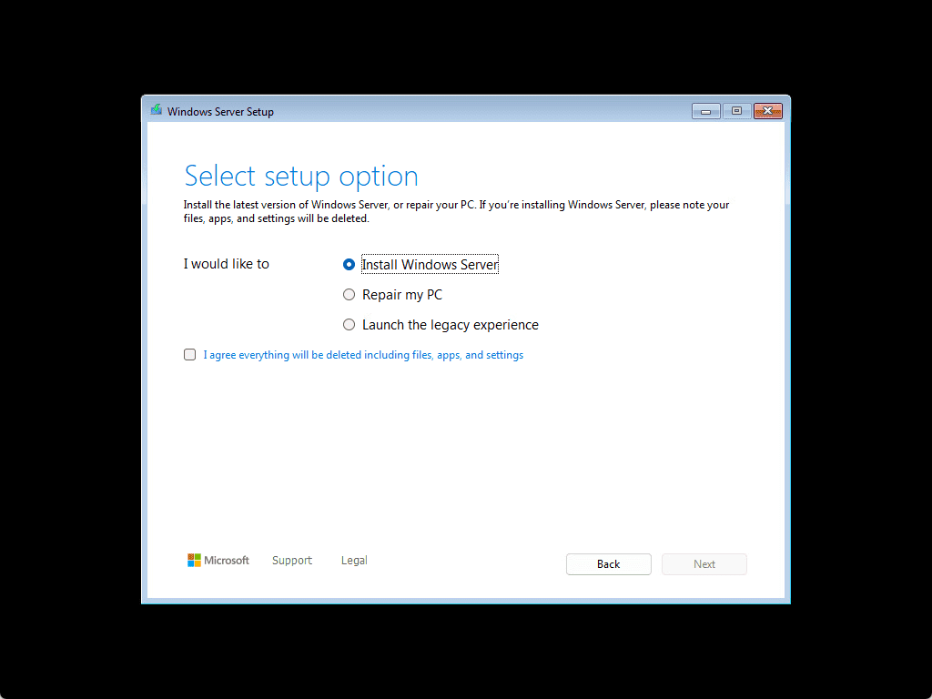 Select the setup option screen