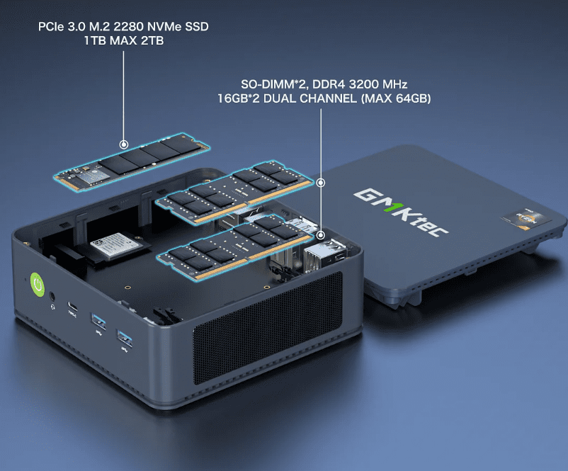 The nvme drive and ddr slot locations in the gmktec m5
