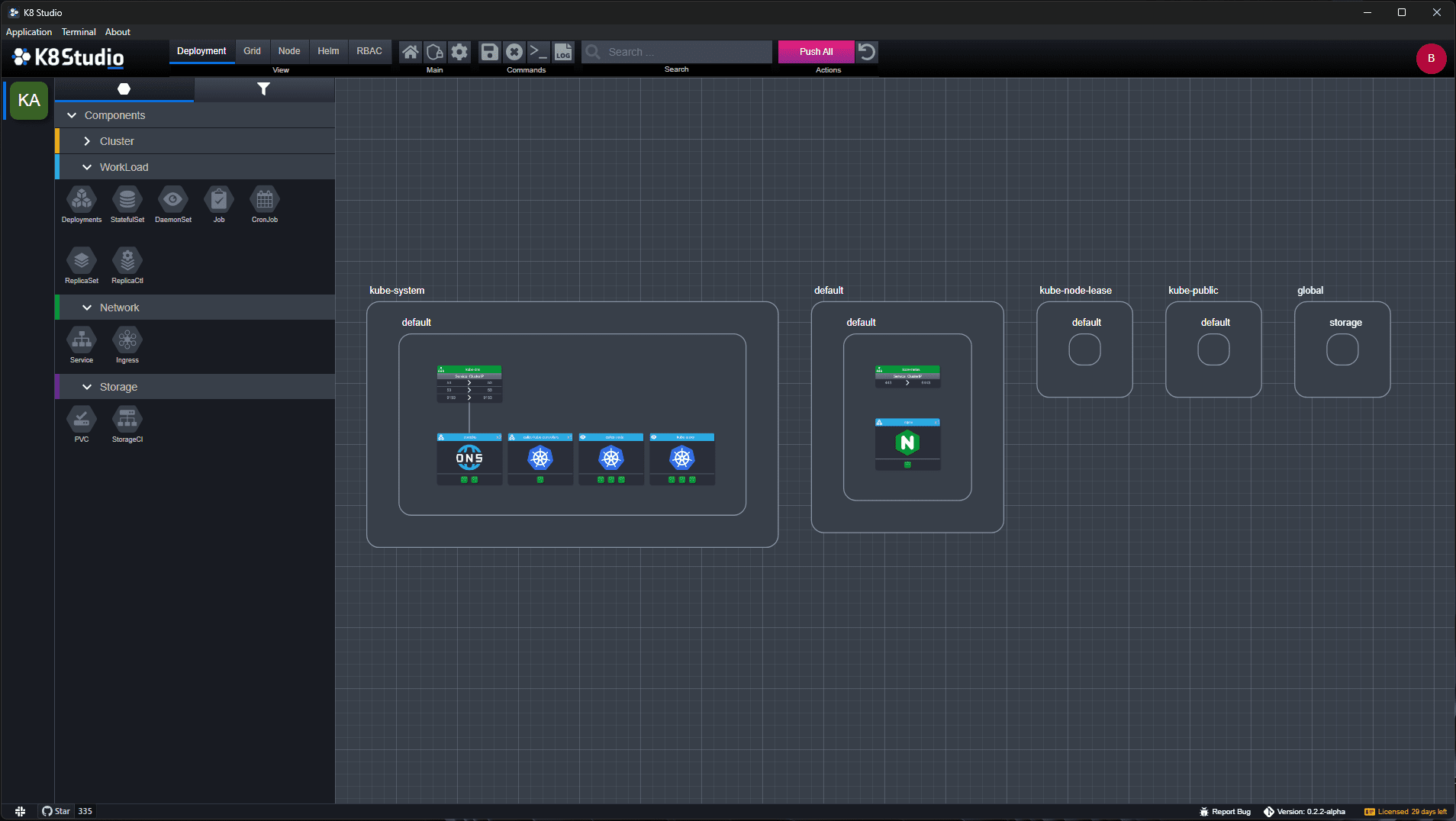 The deployment view in k8studio