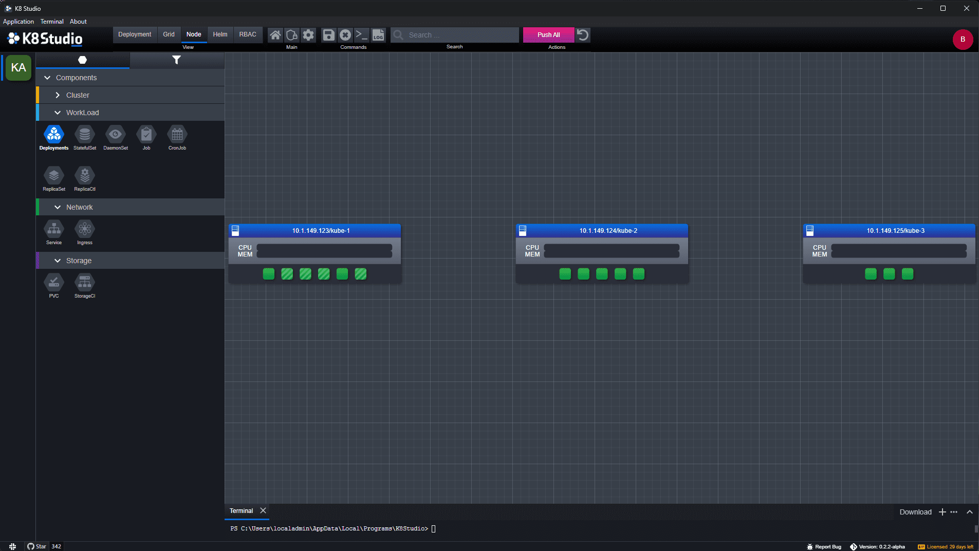 The node view in k8studio