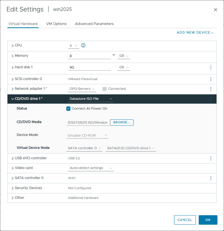 Virtual hardware configuration for windows server 2025