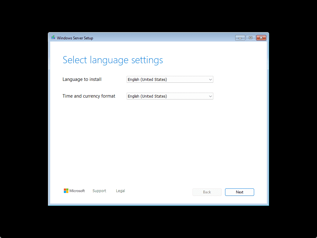 Windows server 2025 language settings installation screen