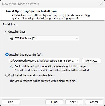Mounting the iso image for fedora silverblue in vmware workstation