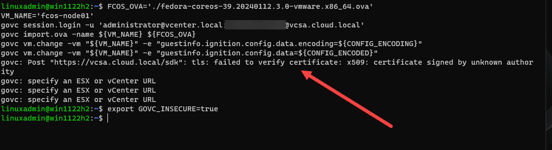 Ssl certificate error when running the govc command