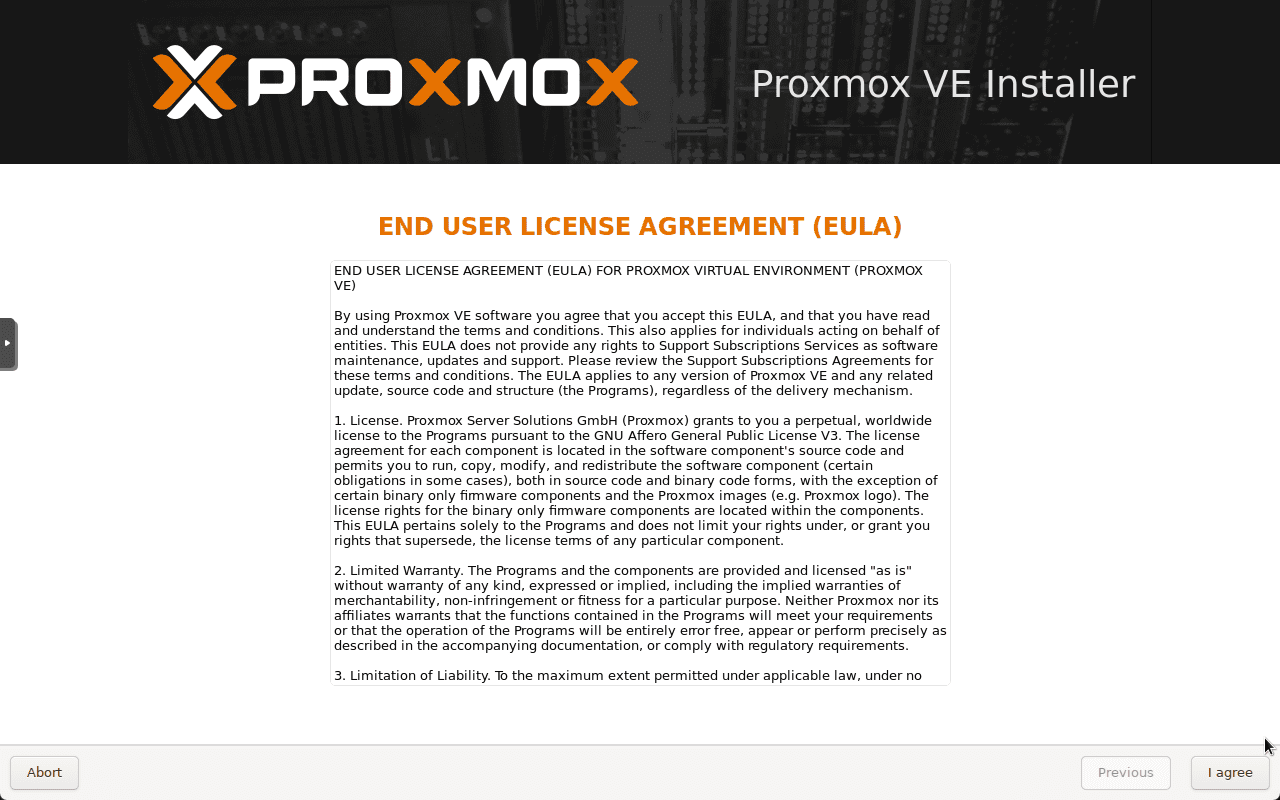 Accept the proxmox install eula