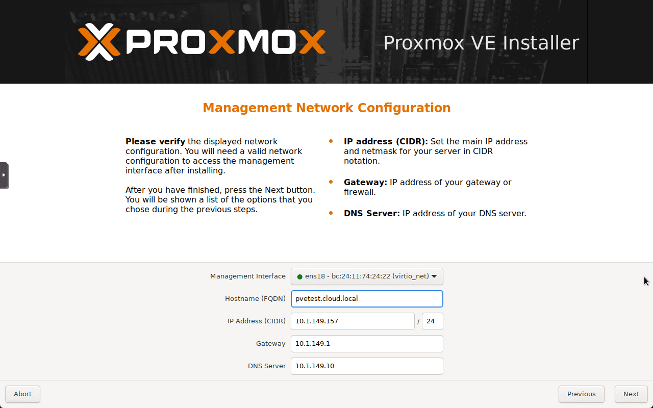 Configure the proxmox management network