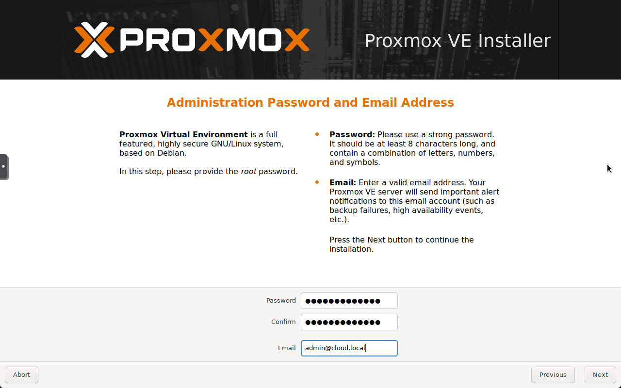 Configure the root password for the proxmox install
