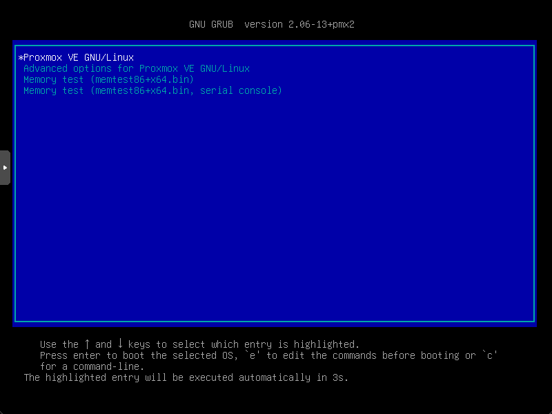 First boot of proxmox ve server