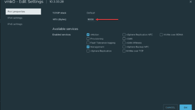 Jumbo frames configured on the vmkernel port