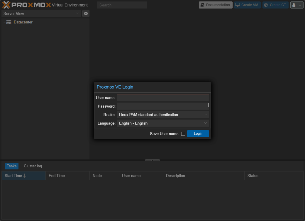 Logging in to the proxmox web interface