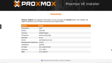 Proxmox install summary screen