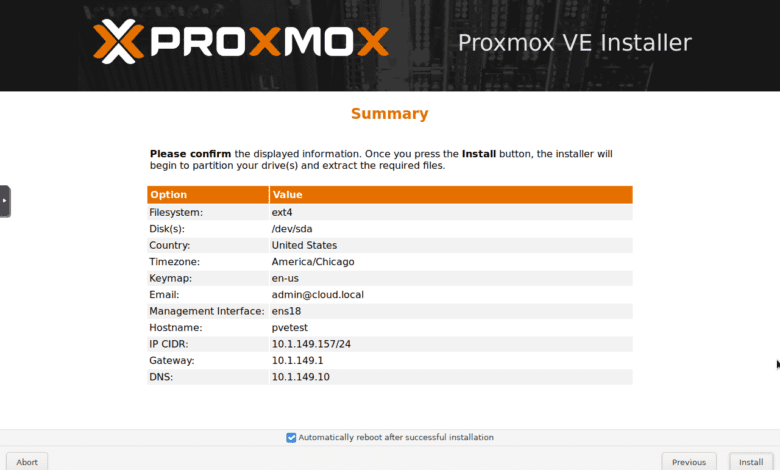 Proxmox install summary screen