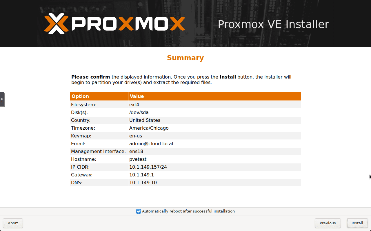 Proxmox install summary screen