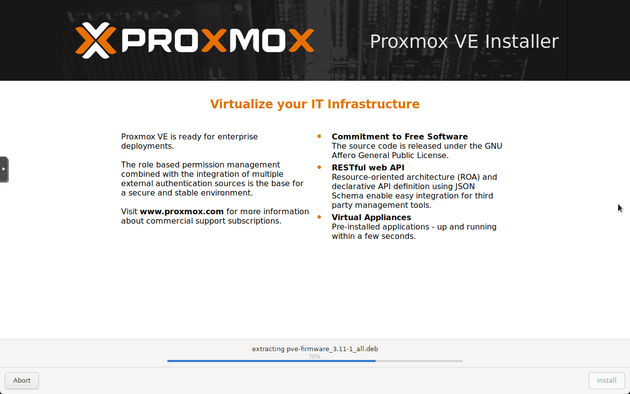 The proxmox install begins