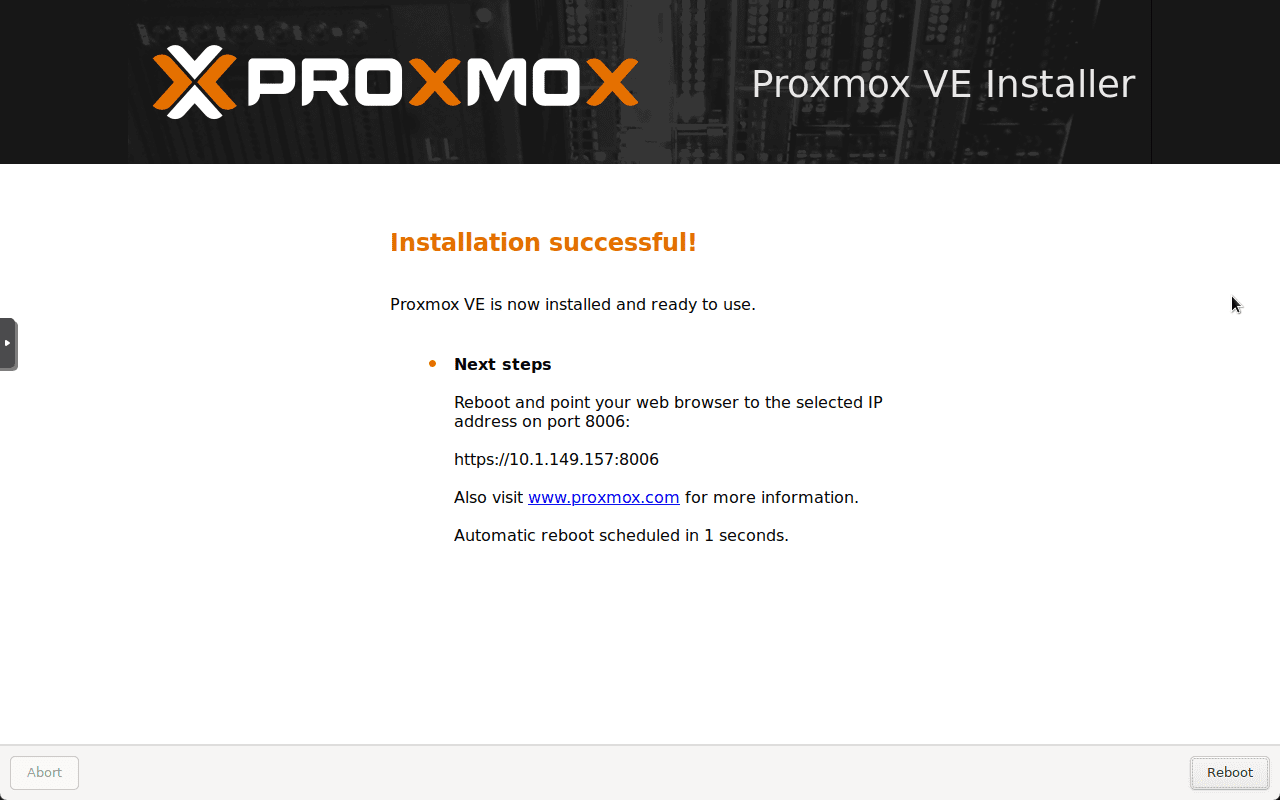 The proxmox install was successful