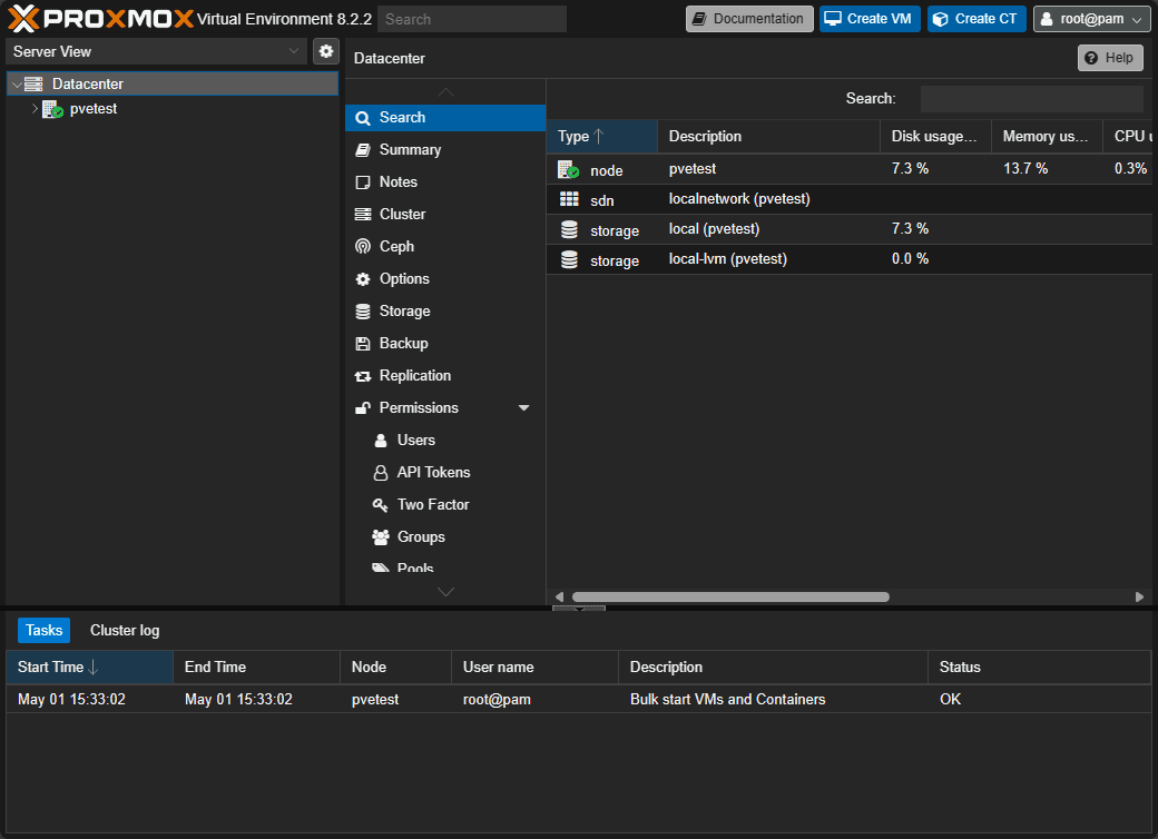 The proxmox web interface dashboard