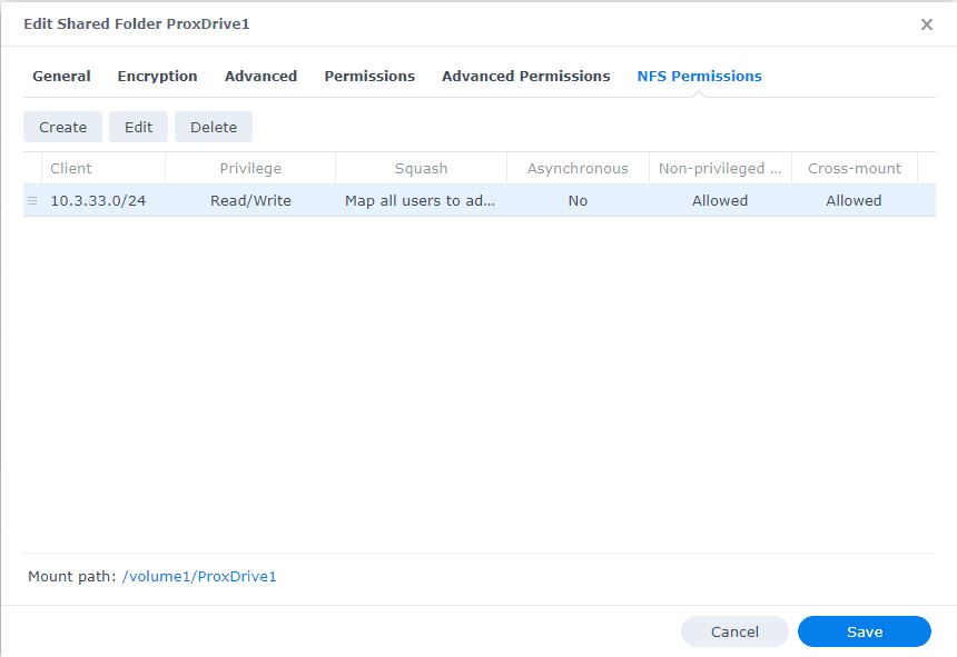 Nfs permissions on the shared folder for synology drive in proxmox