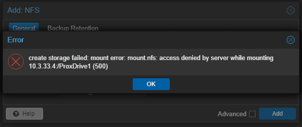 Proxmox nfs access is denied error with nfs storage