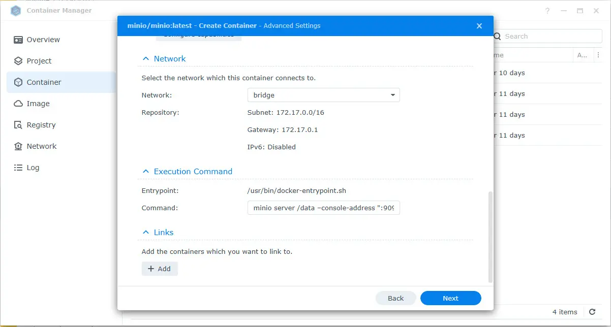 Configure your network and execution command for the minio container