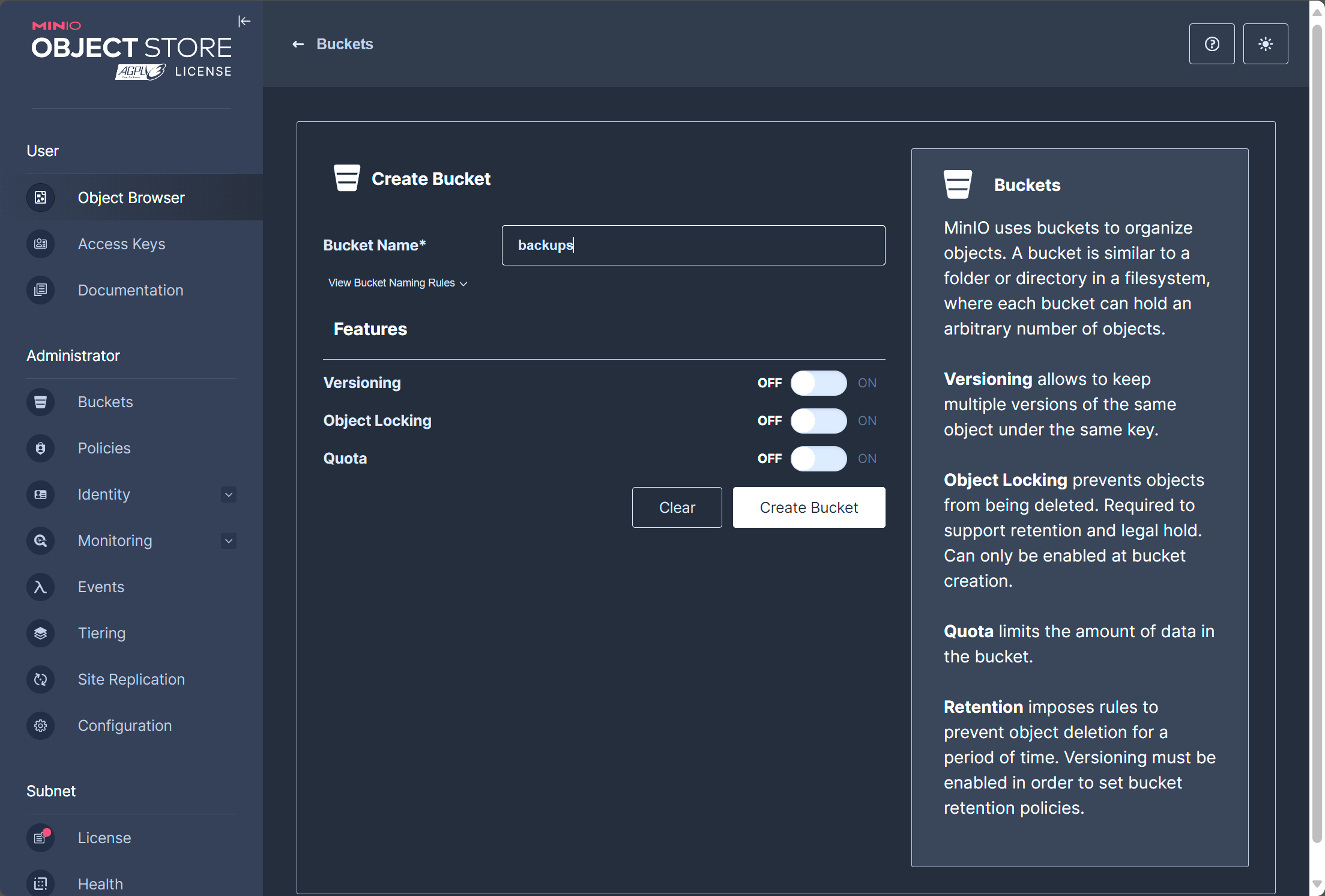 Creating a new backups bucket