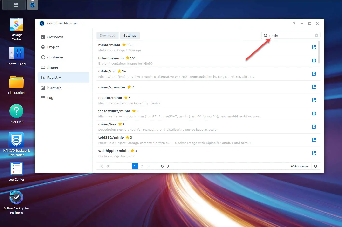 Finding minio in synology container manager