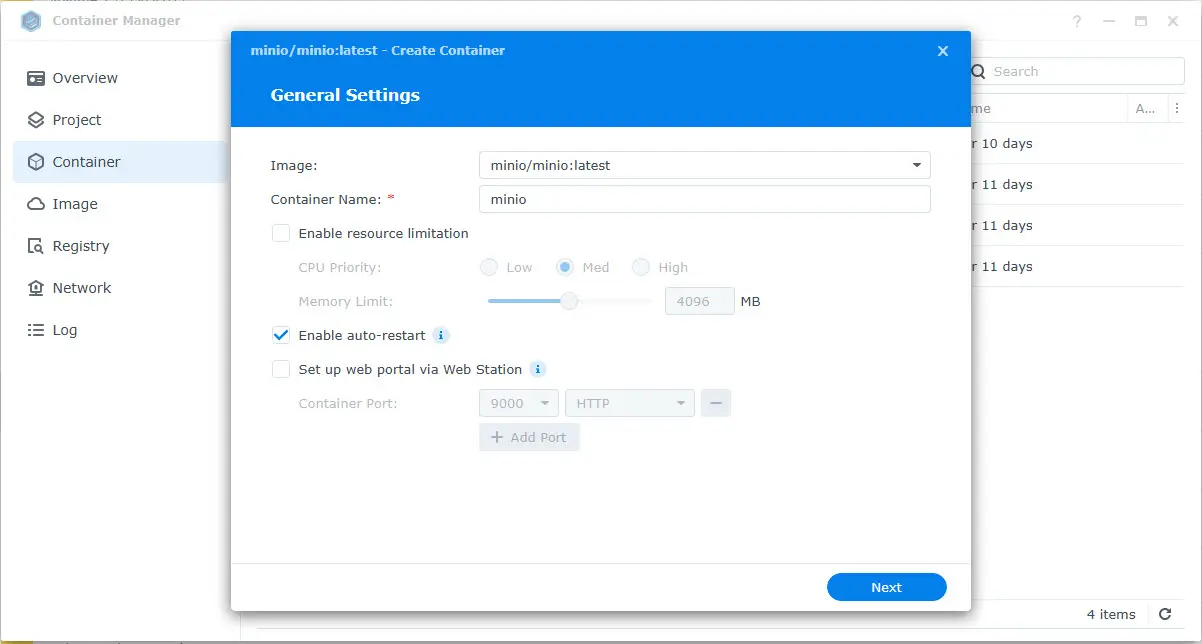 Selecting the image restart policy and resource configuration